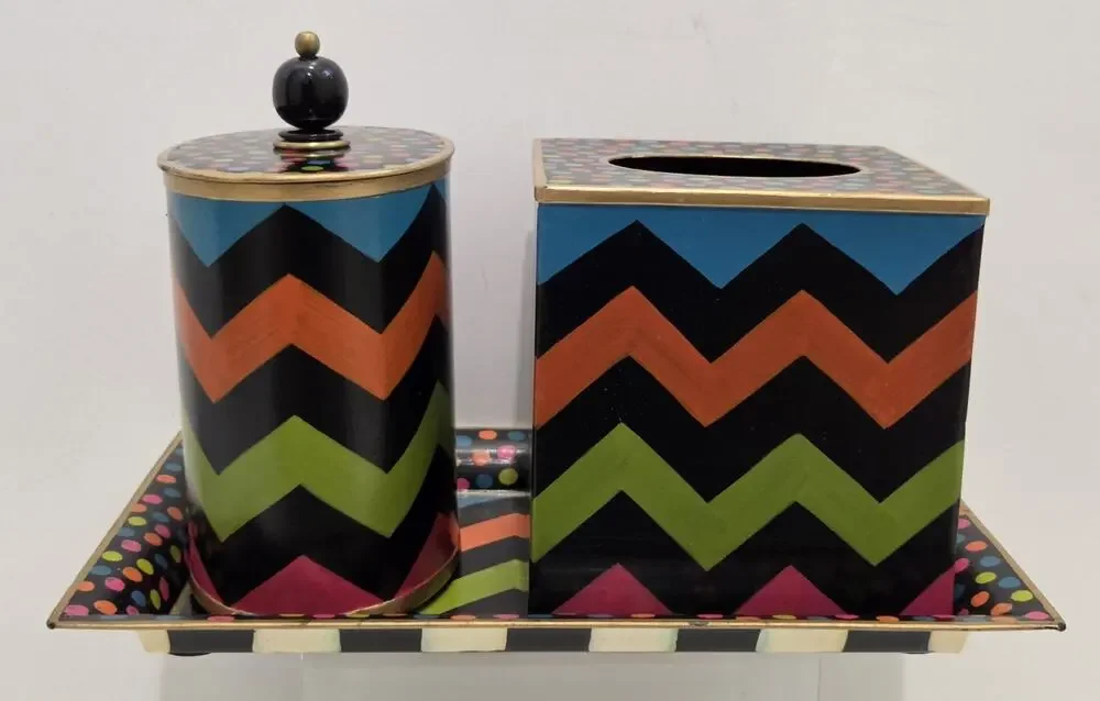 Mackenzie Childs Trampoline Boutique Set Tissue Box/Trinket Tray/ Cotton Box Set